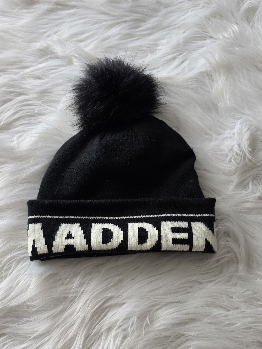 Steve Madden Kids Black Beanie with White Logo and Black Pom